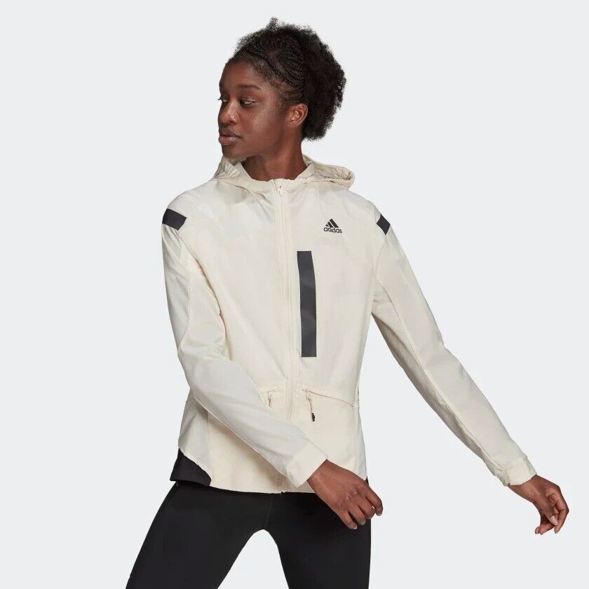 adidas Womens Running Jacket Marathon Hood Ladies Coat Off White