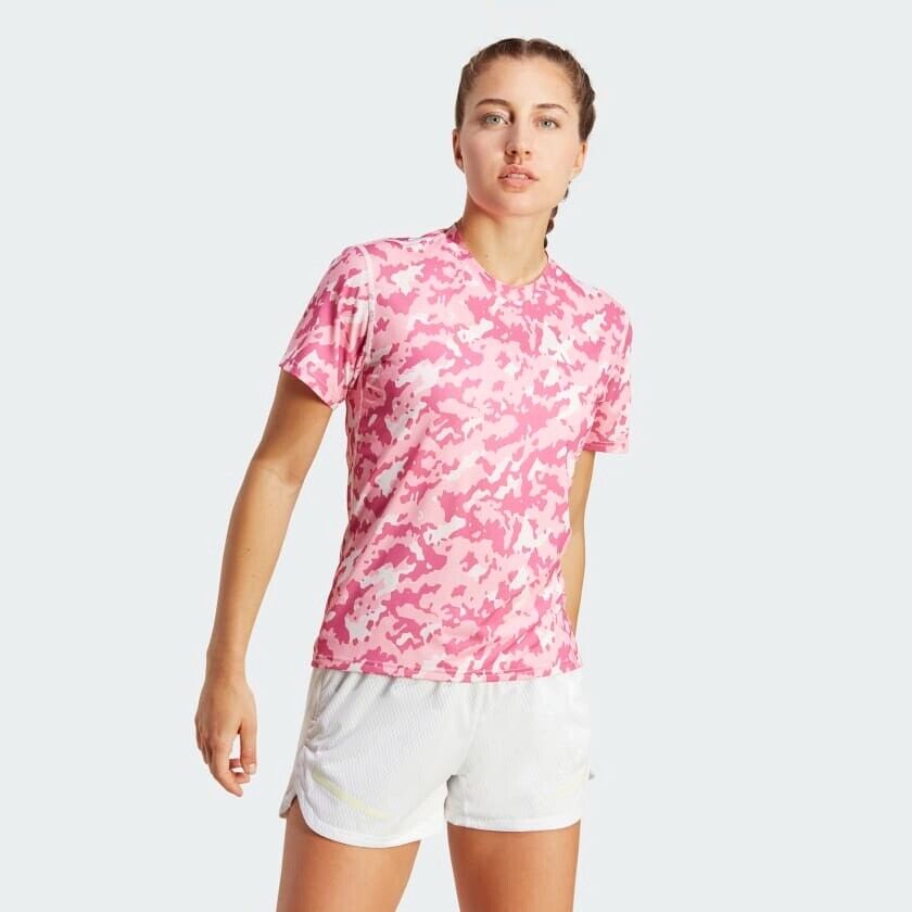 adidas Own The Run Womens Camo Running T-Shirt Blue Pink Ladies Fitness Top
