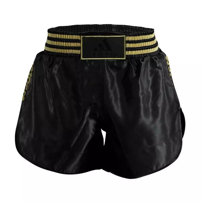 adidas Black Muay Thai Shorts Kickboxing Gold Satin - Budo Online