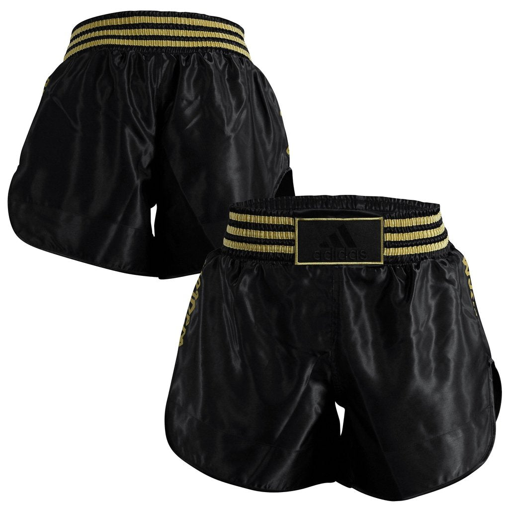 adidas Black Muay Thai Shorts Kickboxing Gold Satin - Budo Online